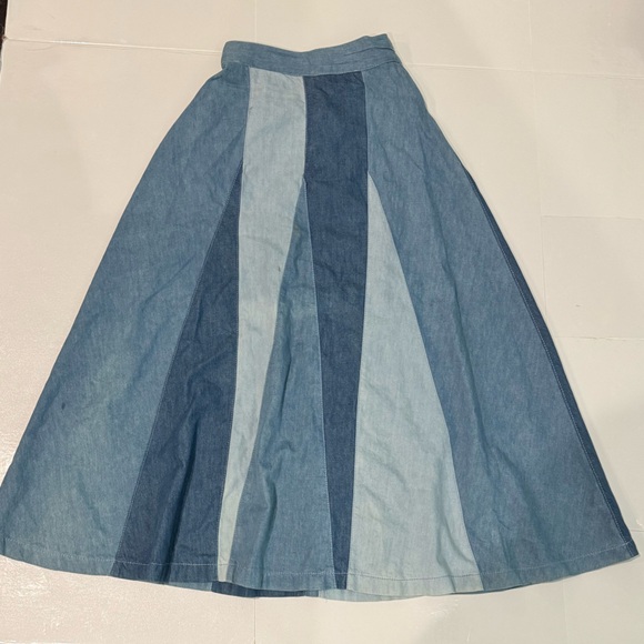 ANTHRO ✨ LOVE THE LABEL Denim Color block Patchwork Stripe Midi Maxi Skirt | XS - Picture 2 of 4